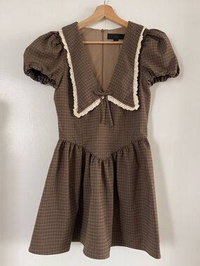 ZARA Brown Plaid Sailor Collar Puff Sleeve Mini Dress